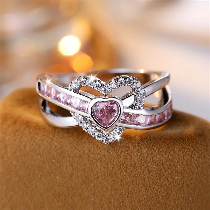 Bridal Love Heart Wedding Bands Silver Color Pink White Zircon Promise Engagement Rings For Women Luxury Valentine Day Jewelry