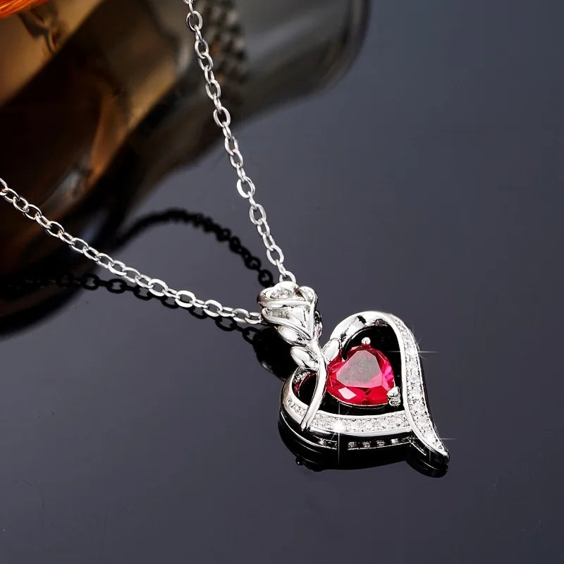 Collier de luxe en forme de cœur en zircon rouge avec coffret cadeau rose pour petite amie, cadeau d'anniversaire, de Noël, de Saint-Valentin 2023, accessoires romantiques