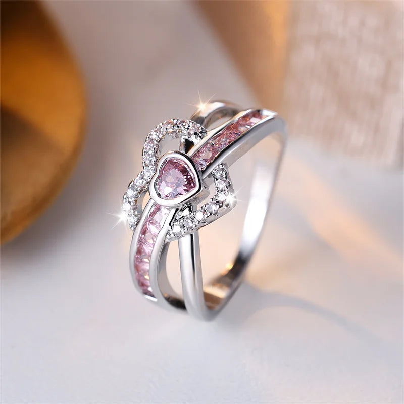 Bridal Love Heart Wedding Bands Silver Color Pink White Zircon Promise Engagement Rings For Women Luxury Valentine Day Jewelry