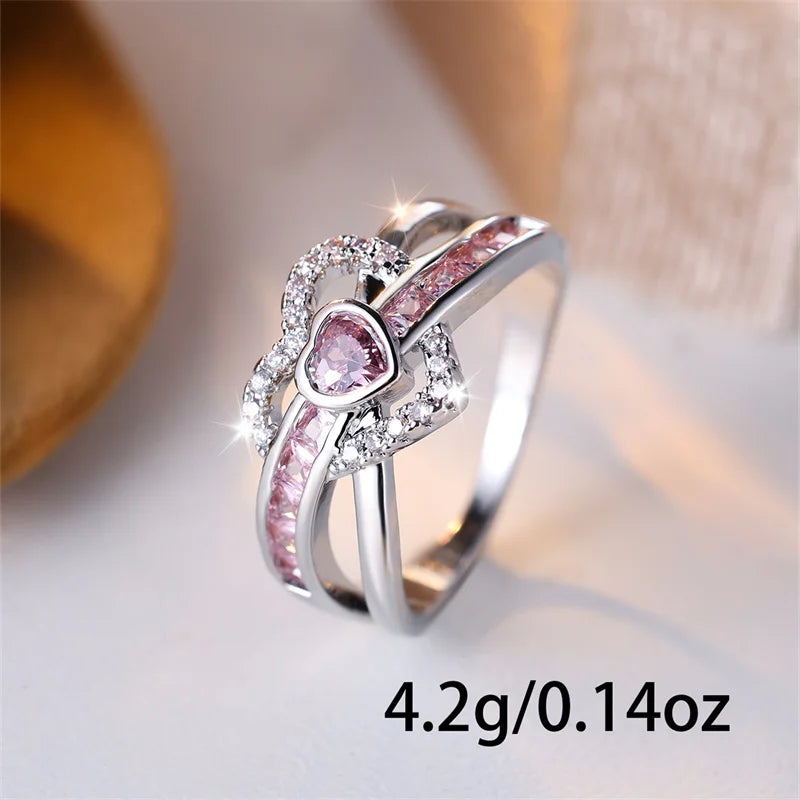 Bridal Love Heart Wedding Bands Silver Color Pink White Zircon Promise Engagement Rings For Women Luxury Valentine Day Jewelry