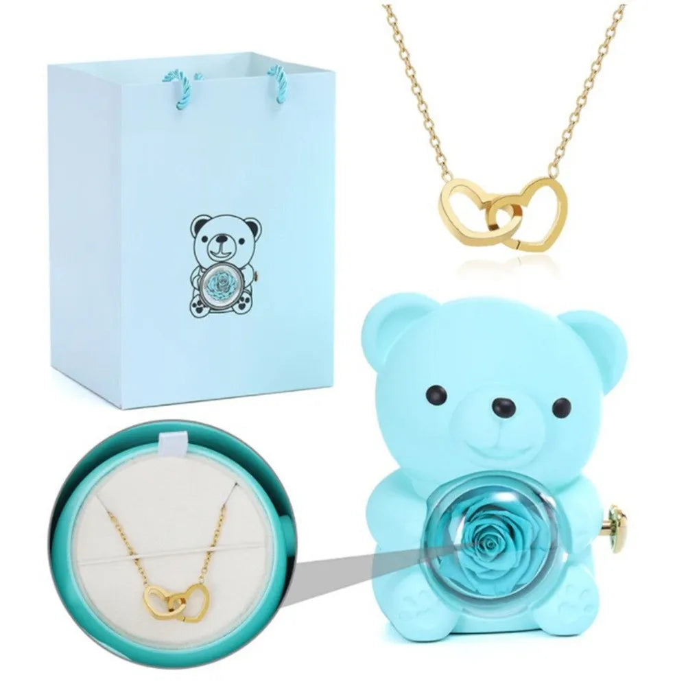 Teddy Bear Gifts Box with Necklace Rotate Rose Jewelry