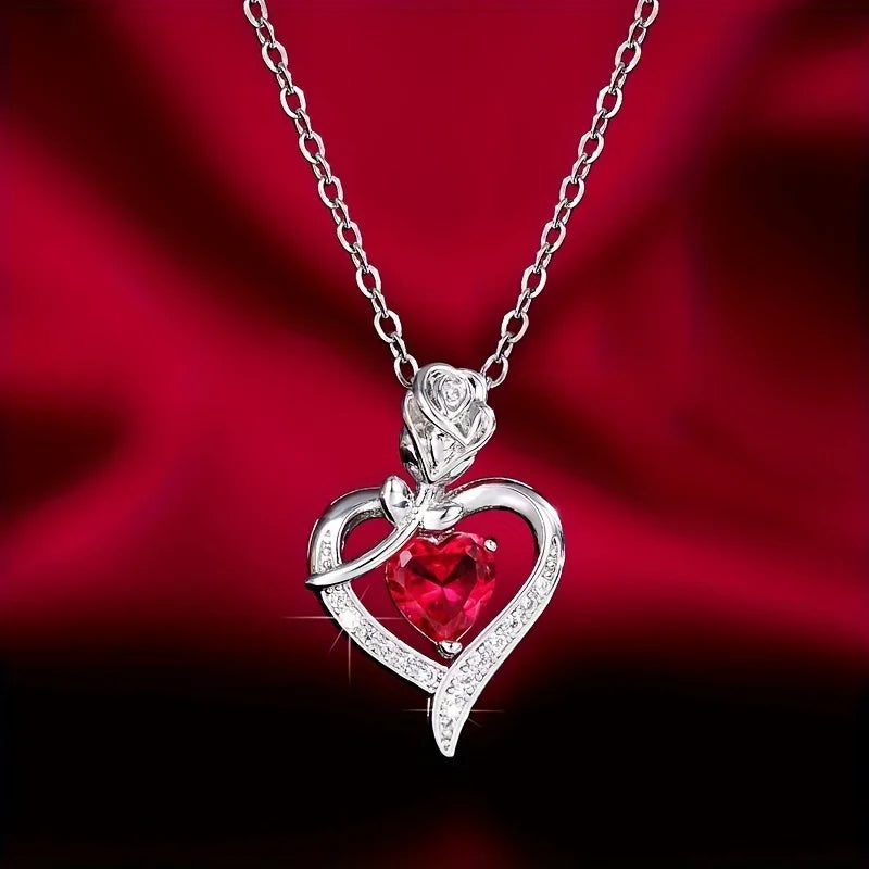 Collier de luxe en forme de cœur en zircon rouge avec coffret cadeau rose pour petite amie, cadeau d'anniversaire, de Noël, de Saint-Valentin 2023, accessoires romantiques