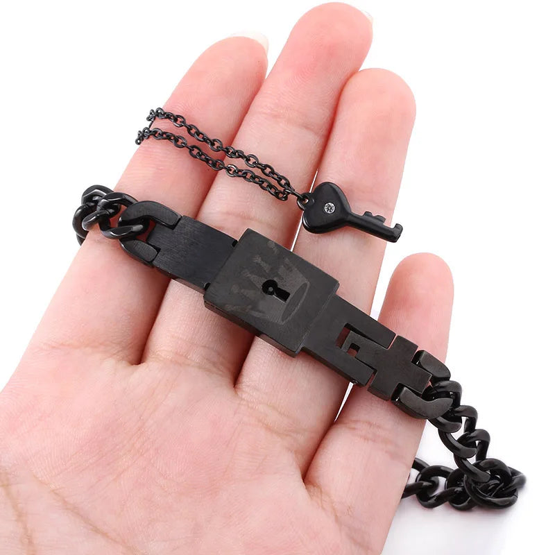 Ensemble de bijoux ras du cou avec bracelet en forme de cœur noir, pendentif clé en acier inoxydable, collier pour femmes et hommes, amoureux, cadeau de Saint-Valentin