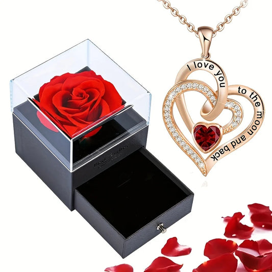 Love Heart Necklace With Rose Flower Gifts Box