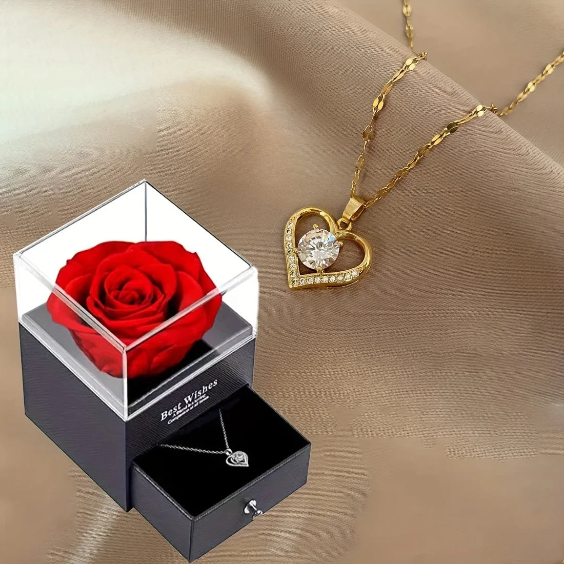 Collana con cuore scintillante e lussuosa scatola regalo con rose per fidanzata, mamma, regalo di San Valentino di Natale 2023, accessori romantici