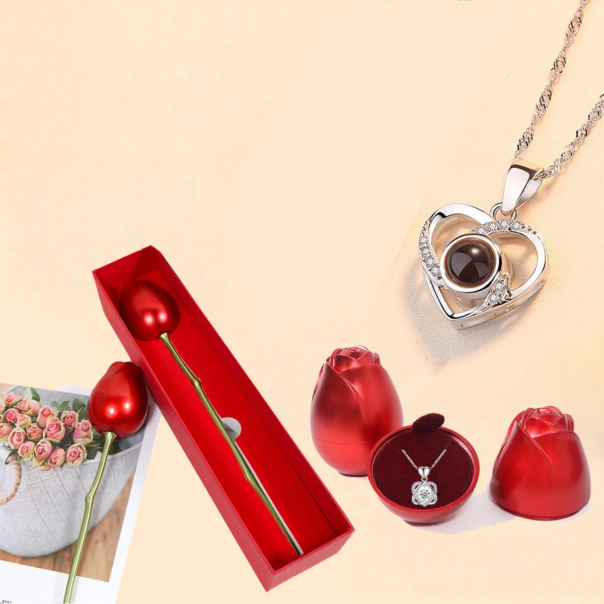 Love Heart Necklace With Rose Gift Box For Women Girlfriend,Valentine Day Present