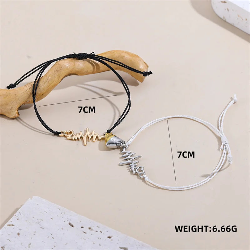 2 PC Magnetic Heart Bracelet Set for Women Couple Electrocardiogram ECG Rope Chain