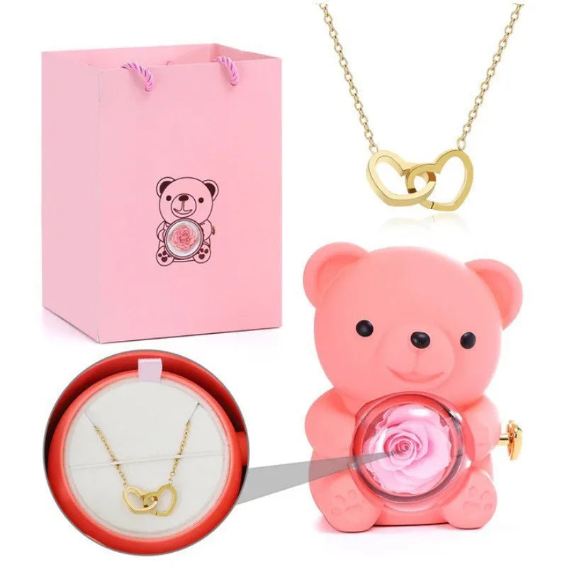 Teddy Bear Gifts Box with Necklace Rotate Rose Jewelry