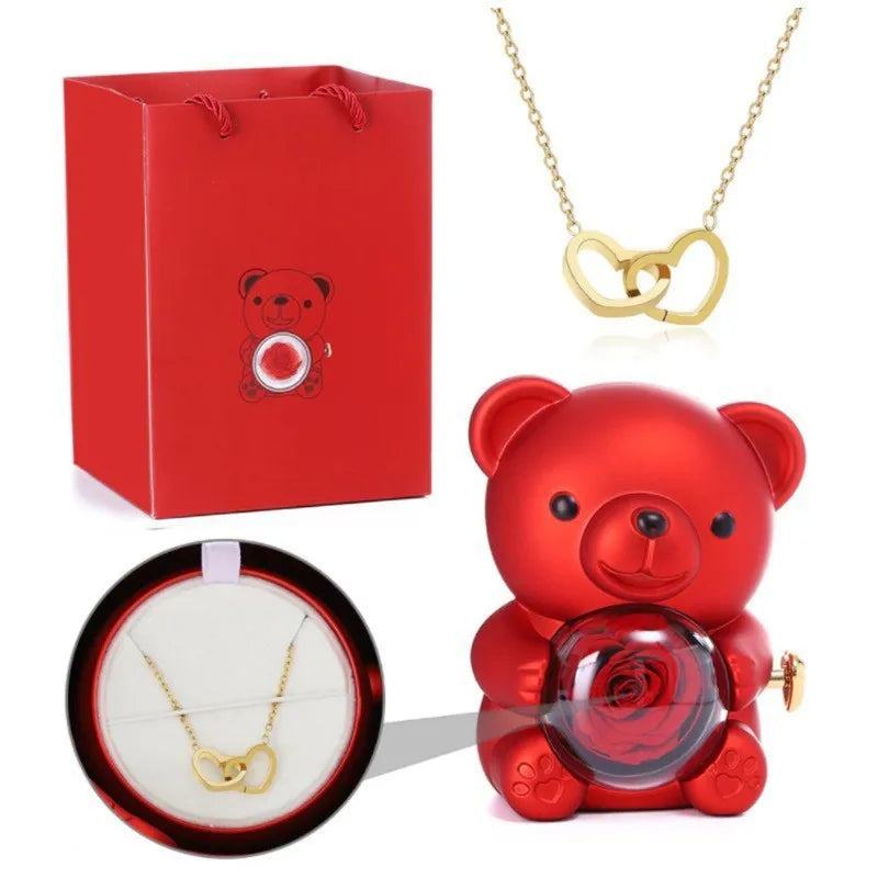 Teddy Bear Gifts Box with Necklace Rotate Rose Jewelry