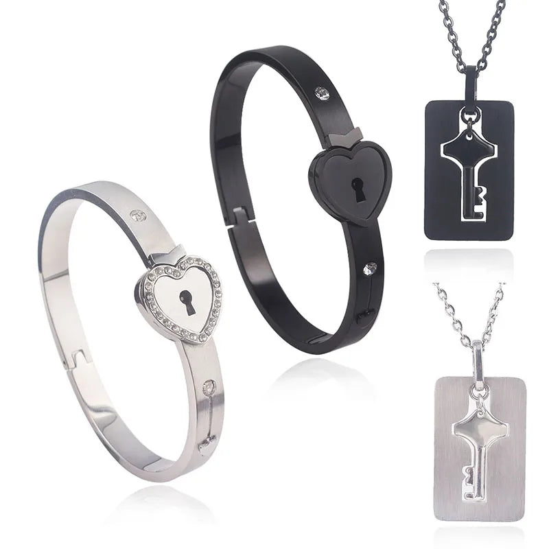 Ensemble de bijoux ras du cou avec bracelet en forme de cœur noir, pendentif clé en acier inoxydable, collier pour femmes et hommes, amoureux, cadeau de Saint-Valentin