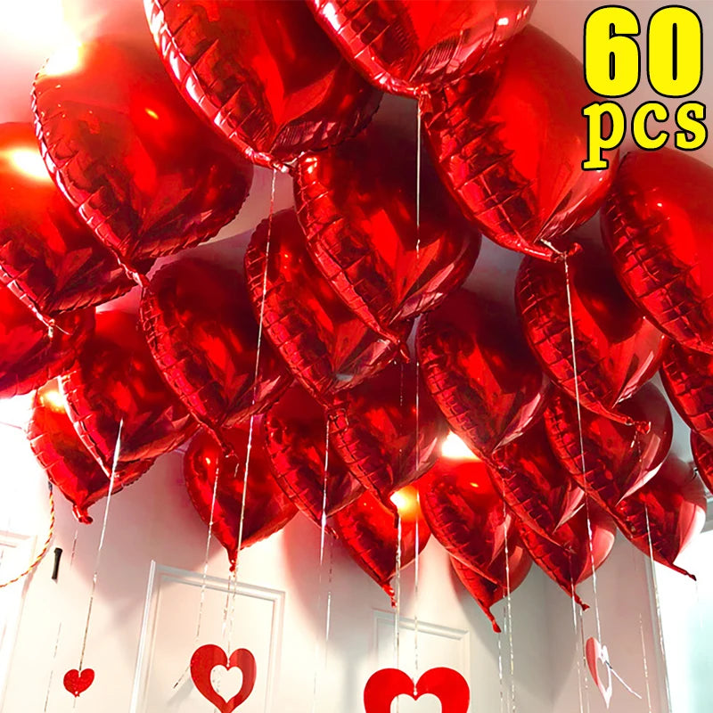 Lot de 60 à 5 ballons gonflables en forme de cœur rouge en aluminium, décorations de fête d'anniversaire à faire soi-même, cadeaux de mariage pour la Saint-Valentin