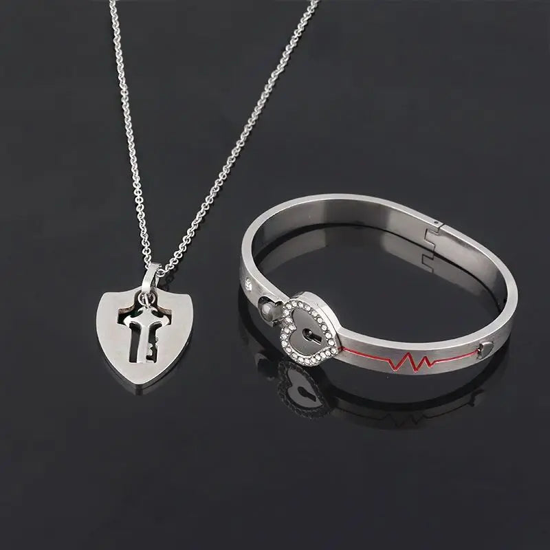 Black Heart Bracelet Choker Set Jewelry Stainless Steel Key Pendant Necklace Women Men Lover couple Valentines Day Gift