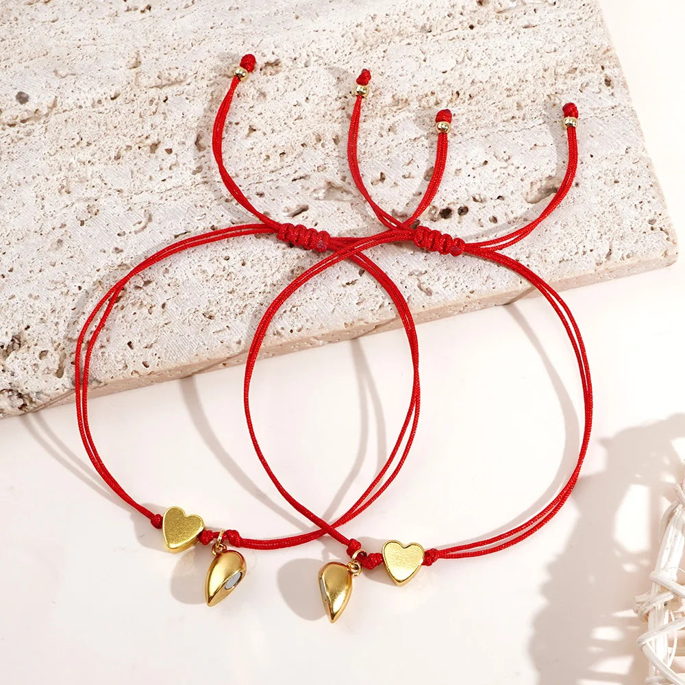 2pcs Handmade Braided Gold Color Beads Heart Magnetic Bracelet For Women Charm Friendship Party Valentine Jewelry New Year Gift