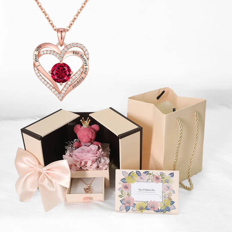 Heart Zircon Necklace Set With Cute Bear Rose Gift Box For Girlfriend Mom Friend Valentine Mother Day Gift 2024 Romantic Jewelry