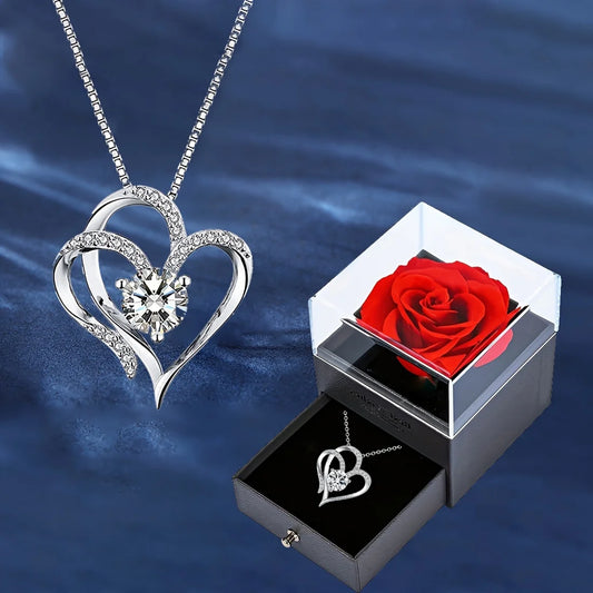 Elegant Heart Zircon Necklace With Luxury Rose Flower Gift Box For Women Girlfriend Valentine's Day Gift 2024 New In Jewelry