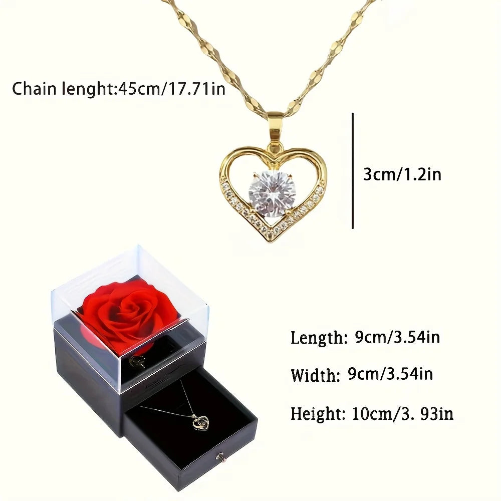 Collana con cuore scintillante e lussuosa scatola regalo con rose per fidanzata, mamma, regalo di San Valentino di Natale 2023, accessori romantici