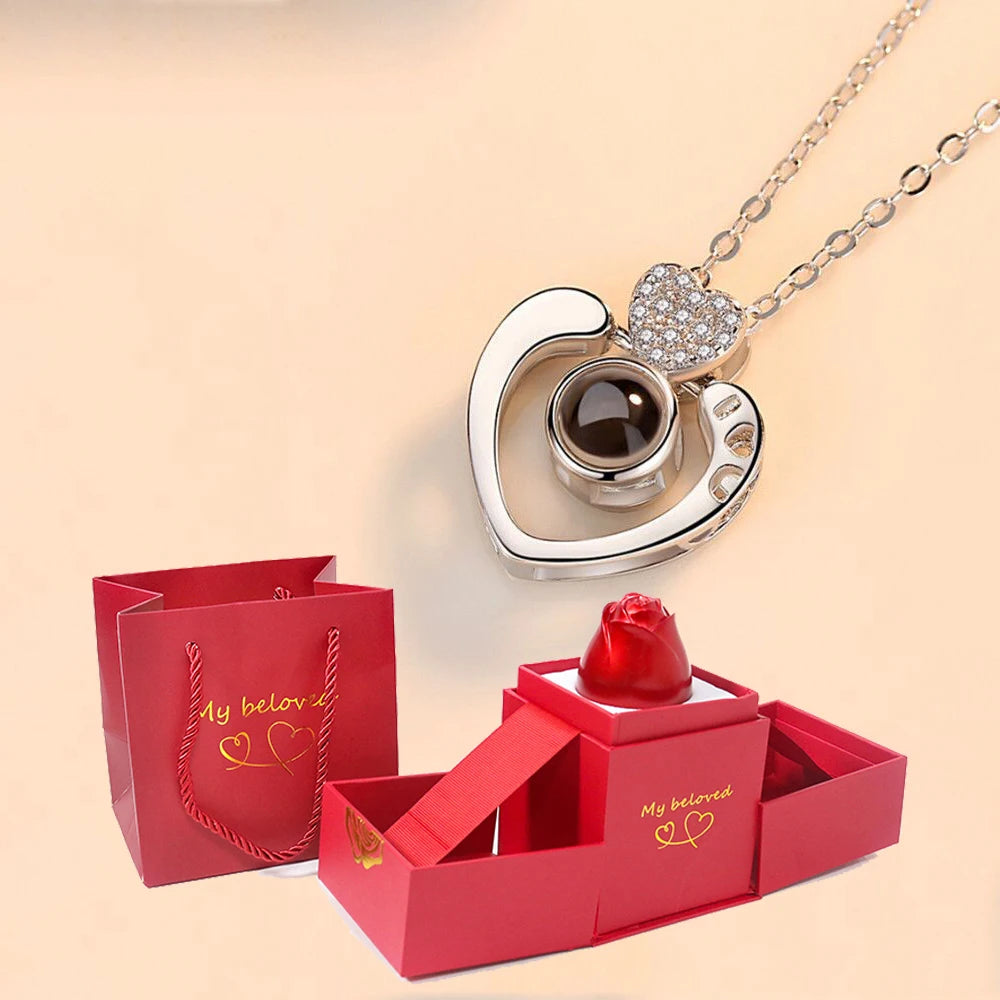 Love Projection Necklace With Exquisite Rose Gift Box100 Languages I Love You