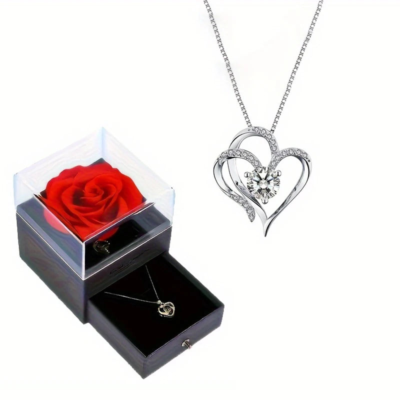 Elegant Heart Zircon Necklace With Luxury Rose Flower Gift Box For Women Girlfriend Valentine's Day Gift 2024 New In Jewelry