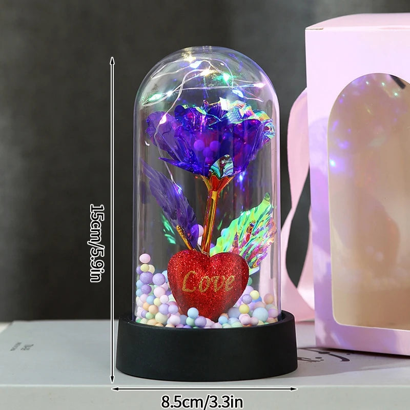 Rose rouge artificielle créative pour la Saint-Valentin, cadeau de fête des mères, rose dans un couvercle en verre, rose lumineuse pour mariage, rose galaxie LED