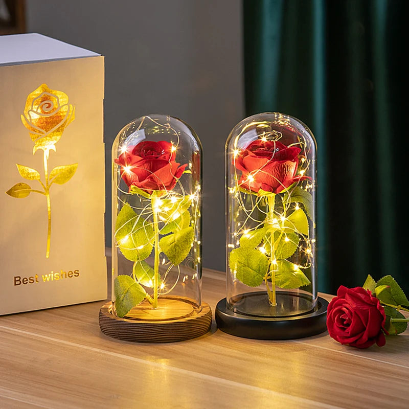 Rose rouge artificielle créative pour la Saint-Valentin, cadeau de fête des mères, rose dans un couvercle en verre, rose lumineuse pour mariage, rose galaxie LED