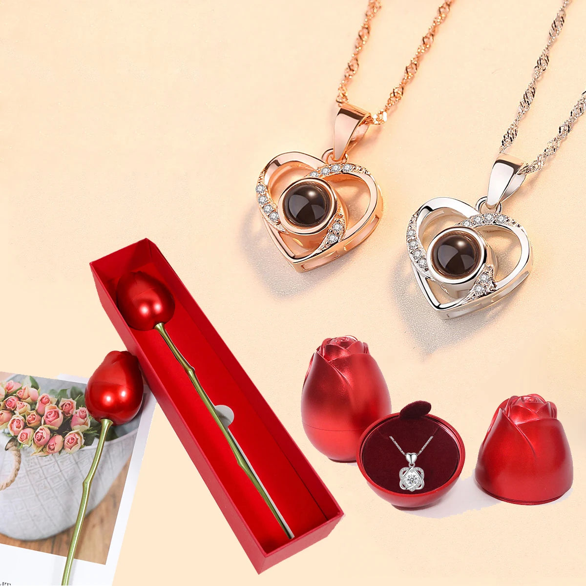 Love Heart Necklace With Rose Gift Box For Women Girlfriend,Valentine Day Present