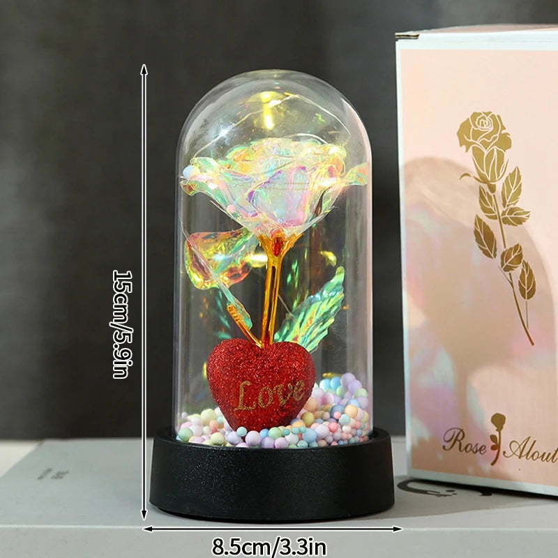 Rose rouge artificielle créative pour la Saint-Valentin, cadeau de fête des mères, rose dans un couvercle en verre, rose lumineuse pour mariage, rose galaxie LED