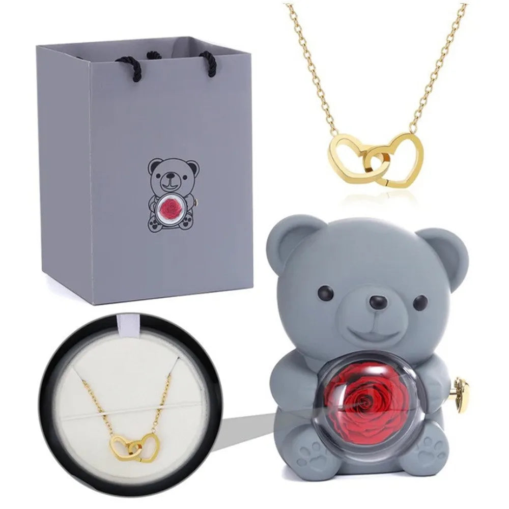 Teddy Bear Gifts Box with Necklace Rotate Rose Jewelry