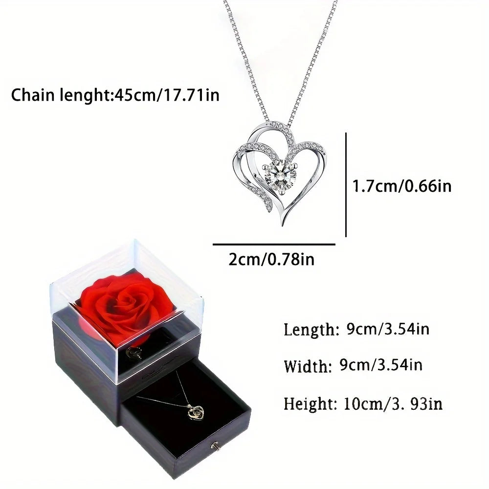 Elegant Heart Zircon Necklace With Luxury Rose Flower Gift Box For Women Girlfriend Valentine's Day Gift 2024 New In Jewelry