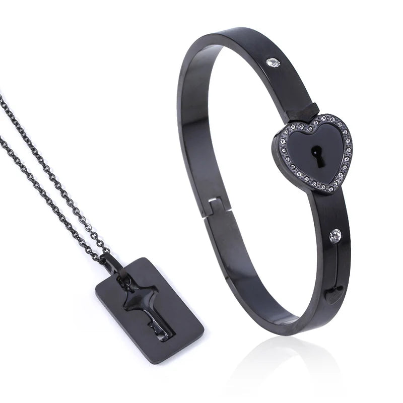 Black Heart Bracelet Choker Set Jewelry Stainless Steel Key Pendant Necklace Women Men Lover couple Valentines Day Gift