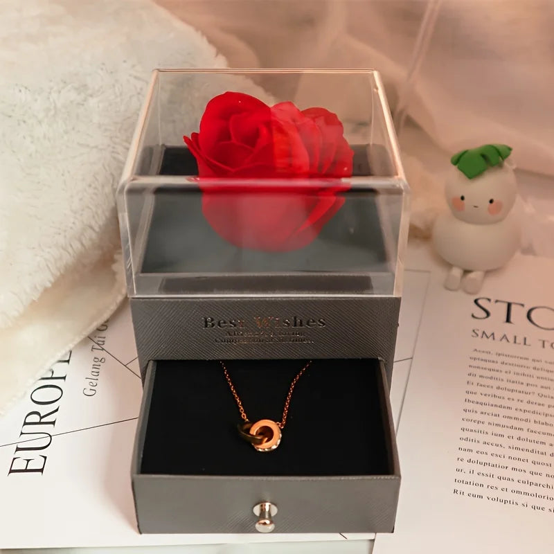 Elegante collana a forma di cuore con zirconi e lussuosa scatola regalo con fiore di rosa per le donne, regalo di San Valentino per la fidanzata 2024, novità in gioielleria