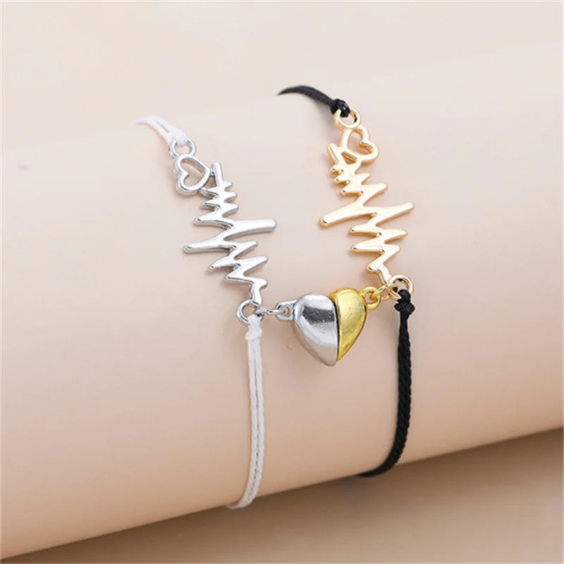 2 PC Magnetic Heart Bracelet Set for Women Couple Electrocardiogram ECG Rope Chain