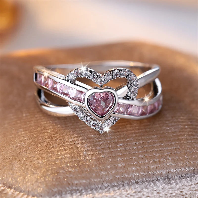 Bridal Love Heart Wedding Bands Silver Color Pink White Zircon Promise Engagement Rings For Women Luxury Valentine Day Jewelry