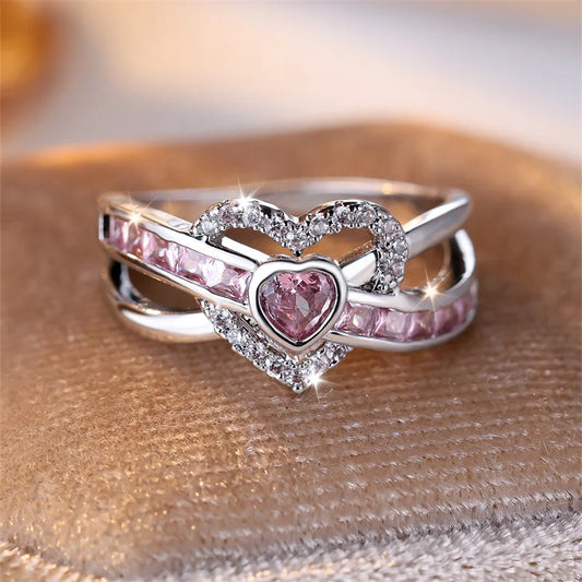 Bagues de fiançailles en forme de cœur pour femme, bijoux de luxe pour la Saint-Valentin, couleur argent, rose et blanc, zircon