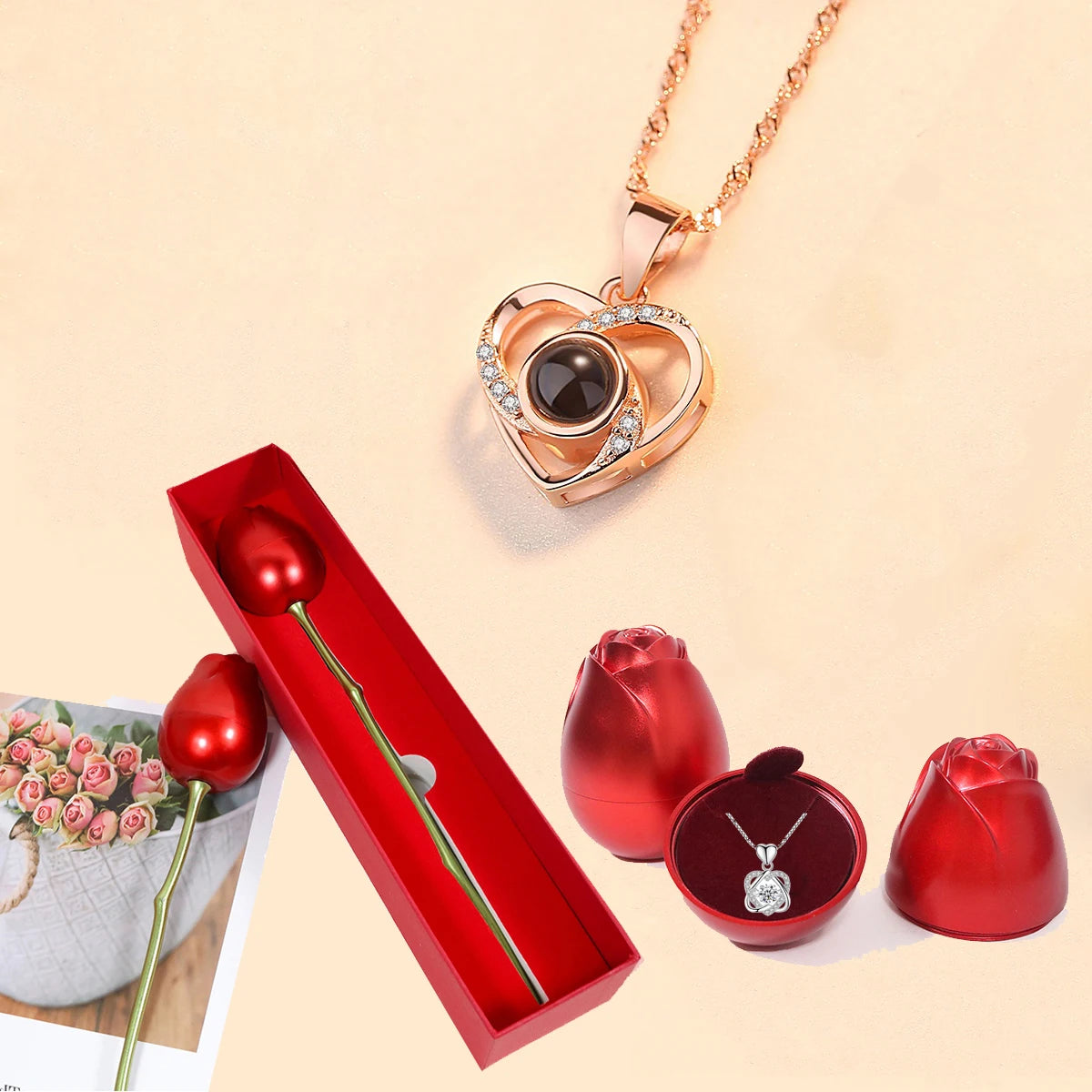 Love Heart Necklace With Rose Gift Box For Women Girlfriend,Valentine Day Present