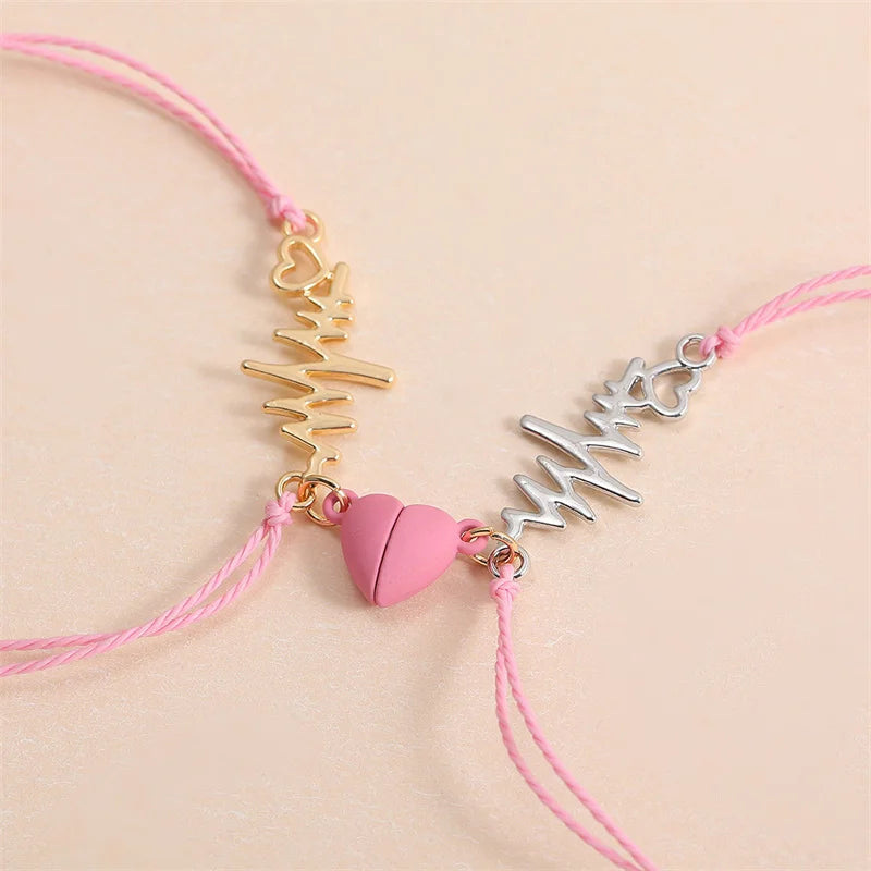 2 PC Magnetic Heart Bracelet Set for Women Couple Electrocardiogram ECG Rope Chain