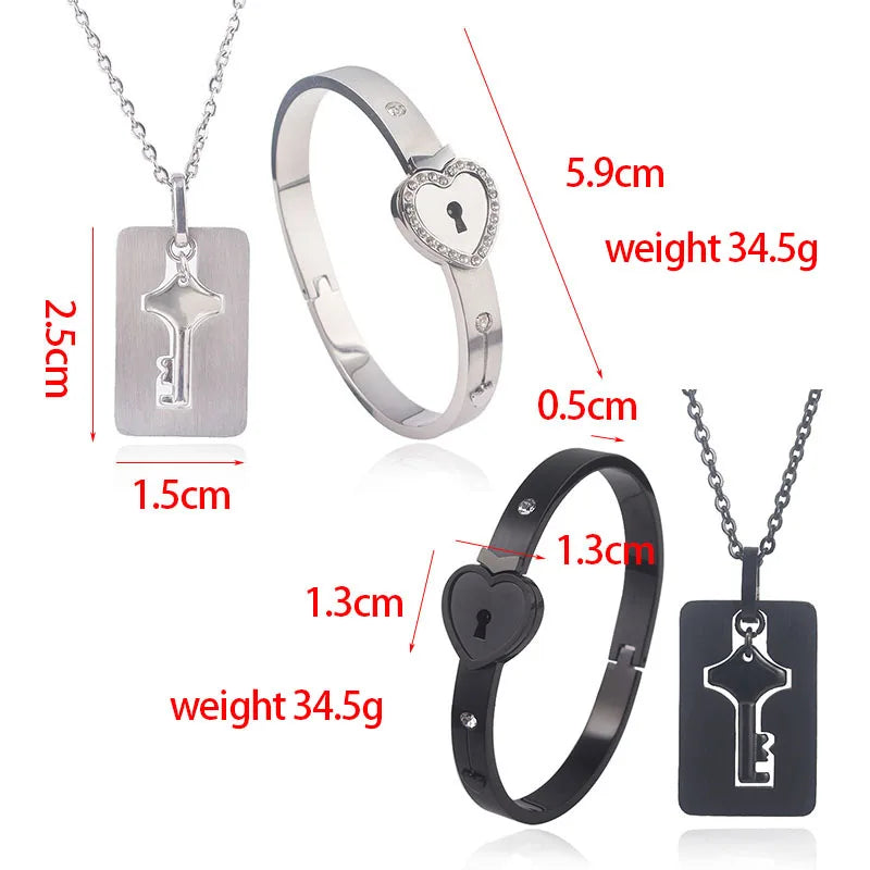 Black Heart Bracelet Choker Set Jewelry Stainless Steel Key Pendant Necklace Women Men Lover couple Valentines Day Gift