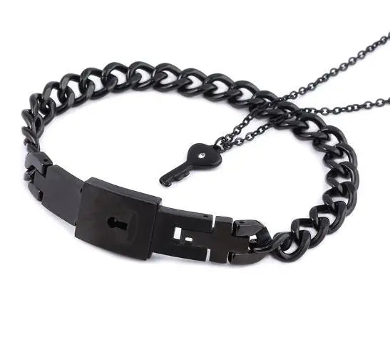 Ensemble de bijoux ras du cou avec bracelet en forme de cœur noir, pendentif clé en acier inoxydable, collier pour femmes et hommes, amoureux, cadeau de Saint-Valentin