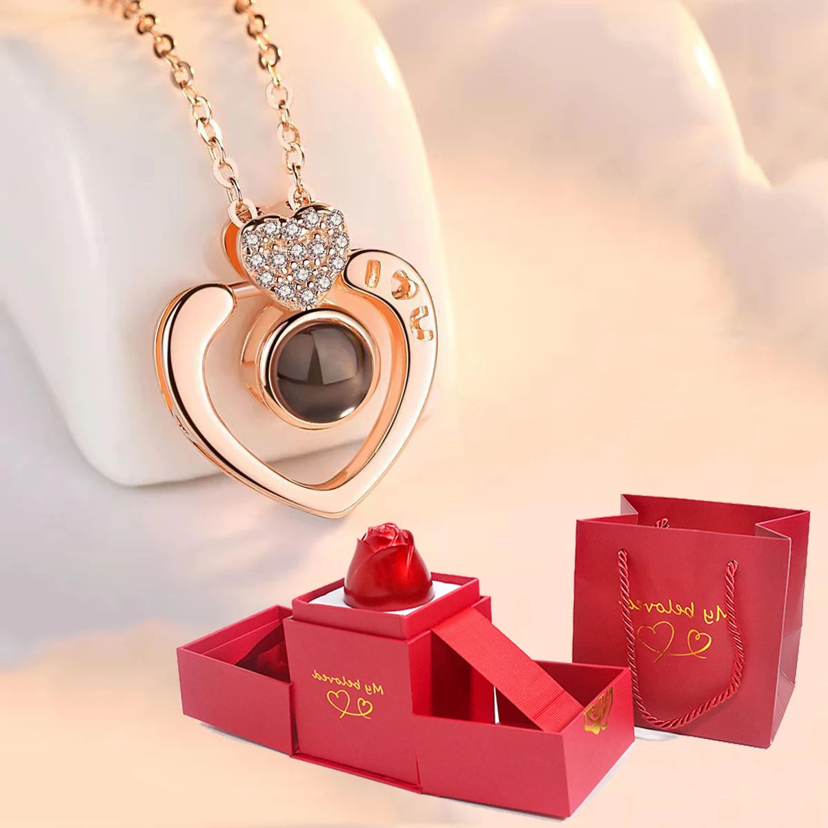 Love Projection Necklace With Exquisite Rose Gift Box100 Languages I Love You