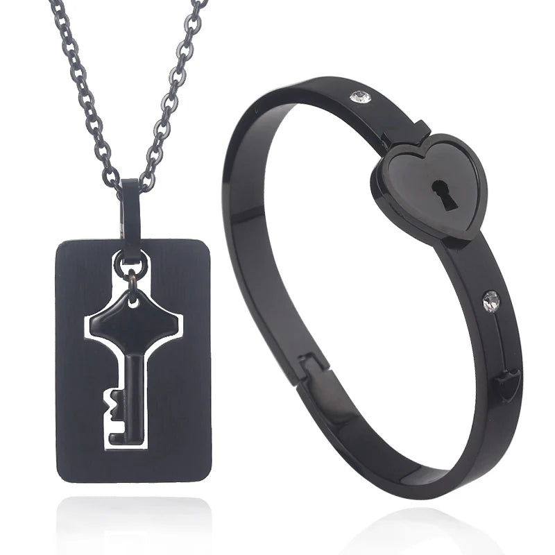 Ensemble de bijoux ras du cou avec bracelet en forme de cœur noir, pendentif clé en acier inoxydable, collier pour femmes et hommes, amoureux, cadeau de Saint-Valentin