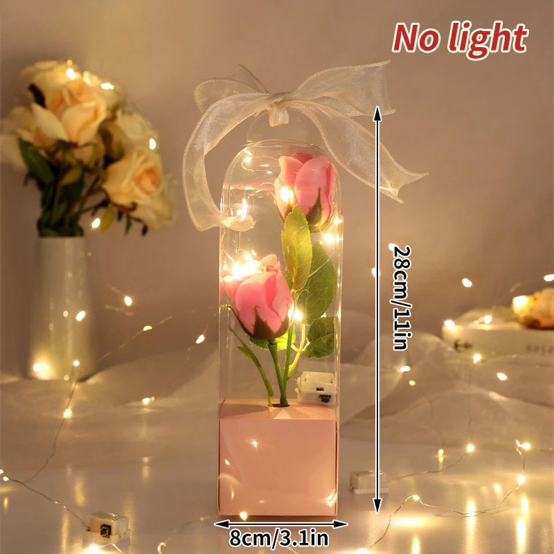 Rose rouge artificielle créative pour la Saint-Valentin, cadeau de fête des mères, rose dans un couvercle en verre, rose lumineuse pour mariage, rose galaxie LED