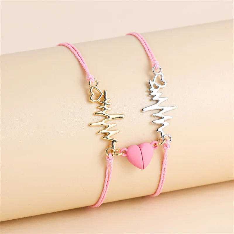 2 PC Magnetic Heart Bracelet Set for Women Couple Electrocardiogram ECG Rope Chain