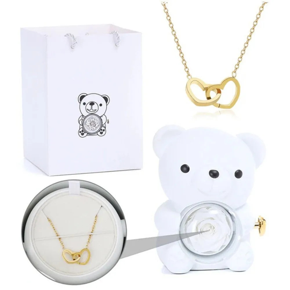 Teddy Bear Gifts Box with Necklace Rotate Rose Jewelry