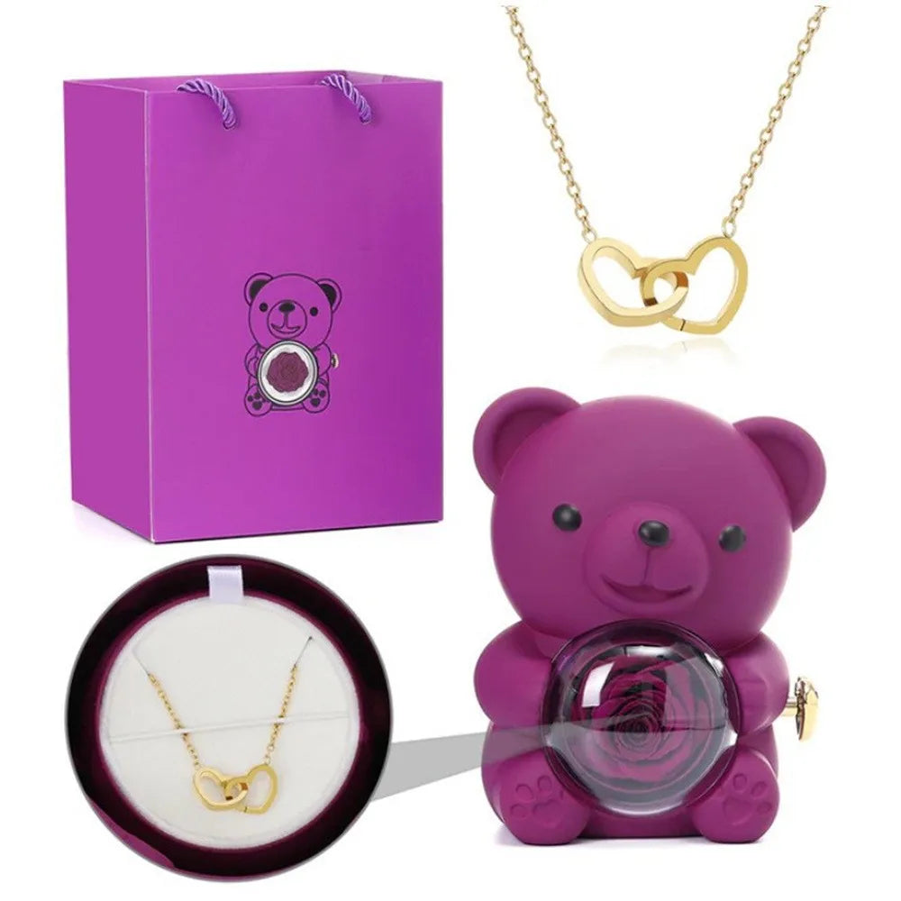 Teddy Bear Gifts Box with Necklace Rotate Rose Jewelry