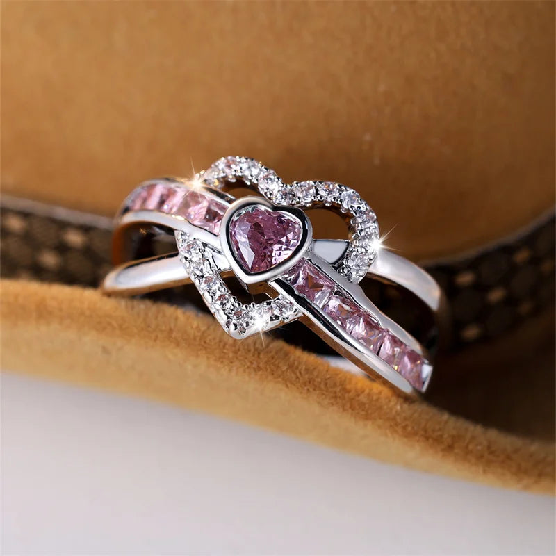 Bridal Love Heart Wedding Bands Silver Color Pink White Zircon Promise Engagement Rings For Women Luxury Valentine Day Jewelry