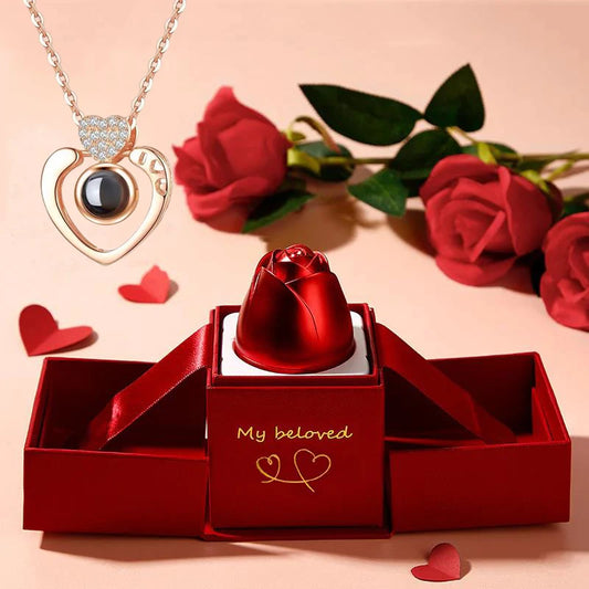 Love Projection Necklace With Exquisite Rose Gift Box100 Languages I Love You