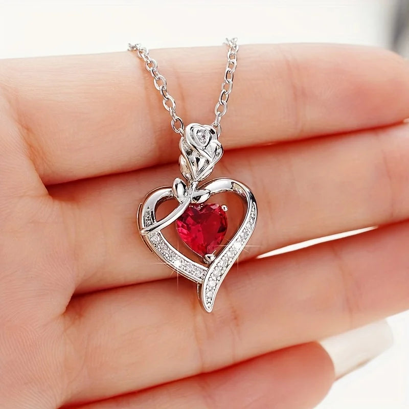 Collier de luxe en forme de cœur en zircon rouge avec coffret cadeau rose pour petite amie, cadeau d'anniversaire, de Noël, de Saint-Valentin 2023, accessoires romantiques