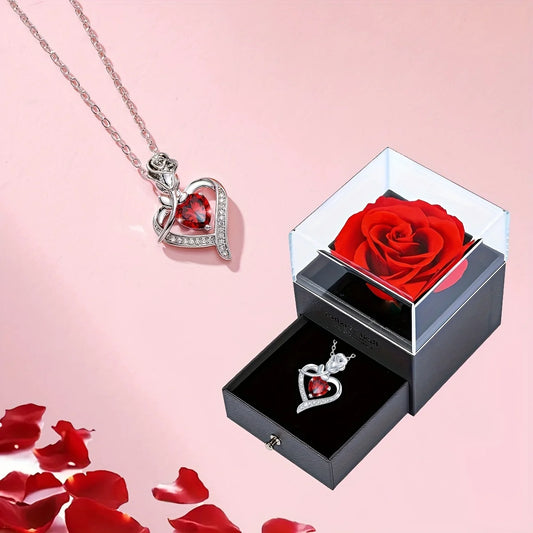 Luxury Red Zircon Heart Necklace With Rose Gift Box